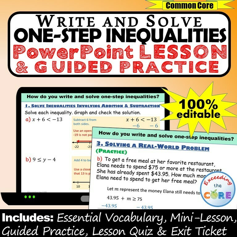 WRITE AND SOLVE ONE-STEP INEQUALITIES PowerPoint Lesson &amp; Practice DIGITAL