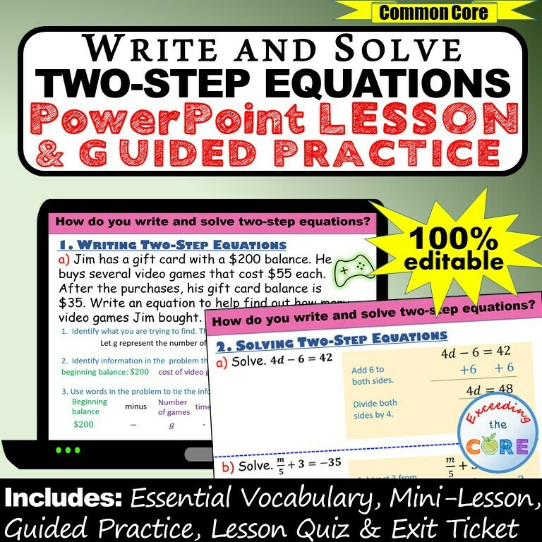 WRITE AND SOLVE TWO-STEP EQUATIONS PowerPoint Lesson & Practice DIGITAL