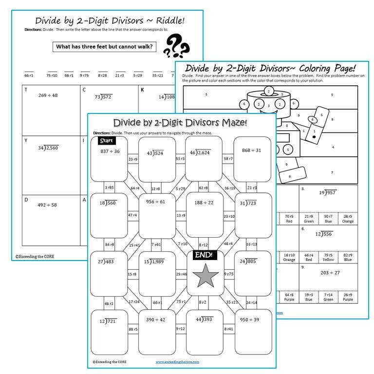 DIVIDE BY 2-DIGIT DIVISORS Maze, Riddle, Color by Number (Fun MATH Activities)