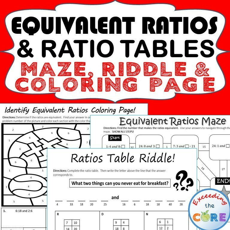 EQUIVALENT RATIOS AND RATIO TABLE Maze, Riddle, Coloring Page Math Activities