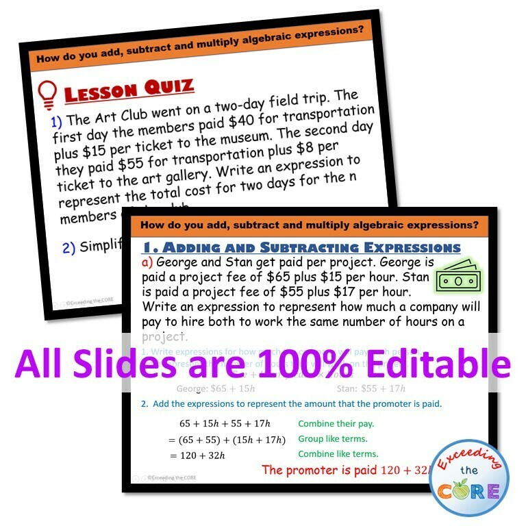 ALGEBRAIC EXPRESSIONS (simplify &amp; factor) PowerPoint Lesson &amp; Practice DIGITAL
