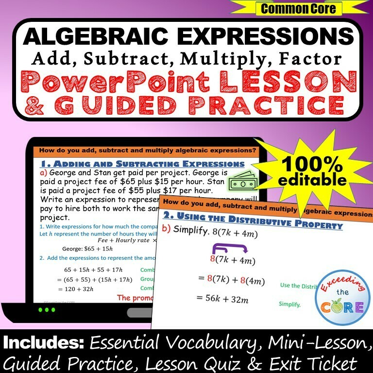 ALGEBRAIC EXPRESSIONS (simplify &amp; factor) PowerPoint Lesson &amp; Practice DIGITAL