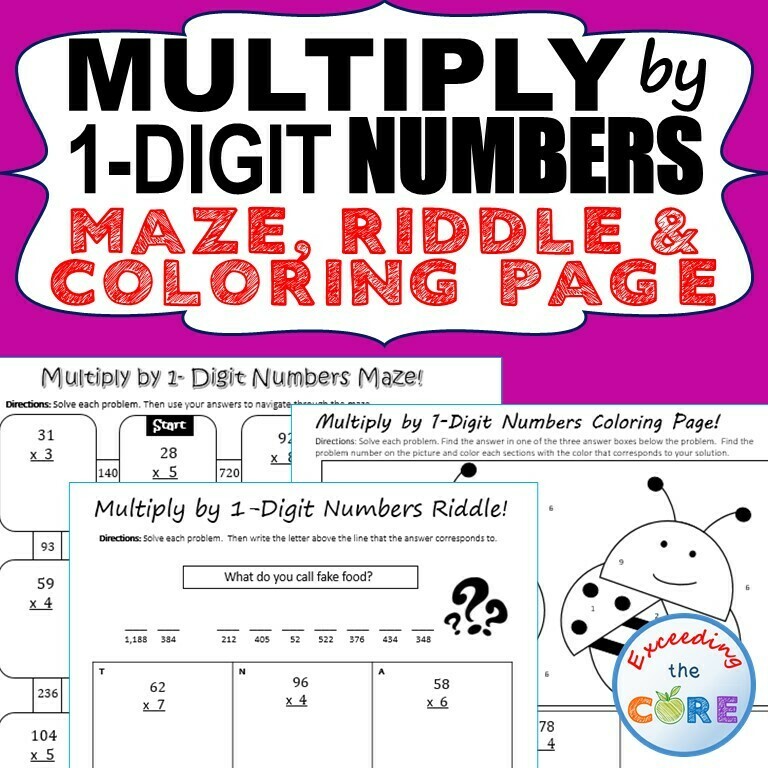 MULTIPLICATION BY 1-DIGIT NUMBERS Maze, Riddle, Color by Number (Fun MATH)