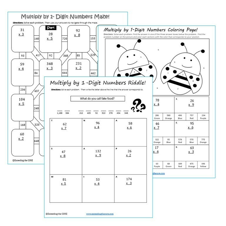 MULTIPLICATION BY 1-DIGIT NUMBERS Maze, Riddle, Color by Number (Fun MATH)