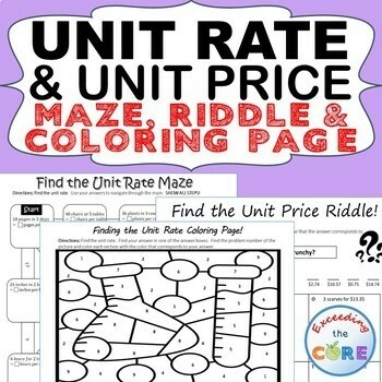 UNIT RATE AND UNIT PRICE Maze, Riddle, Color by Number Coloring Page Activities