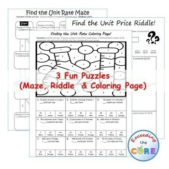 UNIT RATE &amp; UNIT PRICE Maze, Riddle, Coloring Page
