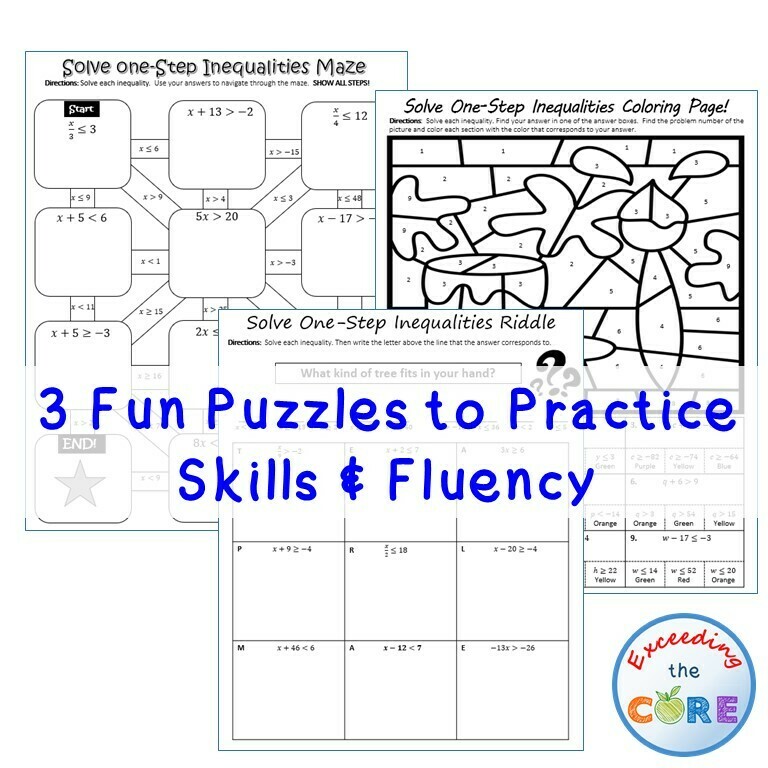 SOLVE ONE-STEP INEQUALITIES Maze, Riddle, Coloring Page Math Activities