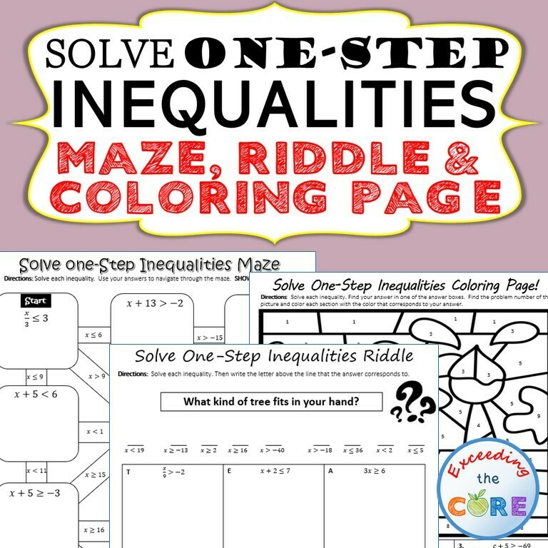 SOLVE ONE-STEP INEQUALITIES Maze, Riddle, Coloring Page Math Activities