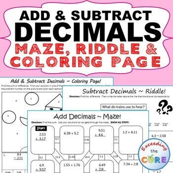 ADD AND SUBTRACT DECIMALS Maze, Riddle, Color by Number (Fun MATH Activities)