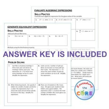 ALGEBRAIC EXPRESSIONS Homework Practice Worksheets Skills &amp; Word Problems