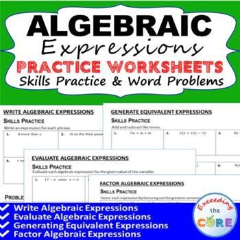 ALGEBRAIC EXPRESSIONS Homework Practice Worksheets Skills &amp; Word Problems