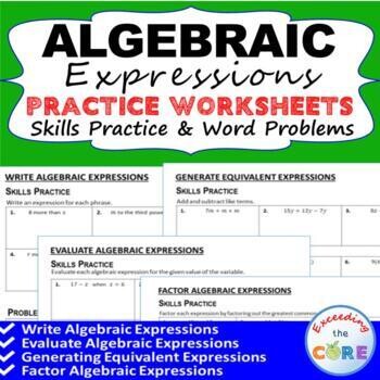 ALGEBRAIC EXPRESSIONS Homework Practice Worksheets Skills & Word Problems