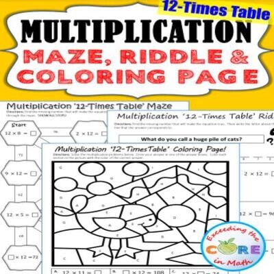 12 TIMES-TABLE MULTIPLICATION FACTS Maze, Riddle, Color by Number