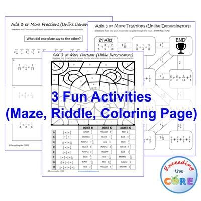 ADD 3 OR MORE FRACTIONS Maze, Riddle, Coloring Page