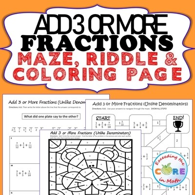 ADD 3 OR MORE FRACTIONS Maze, Riddle, Coloring Page