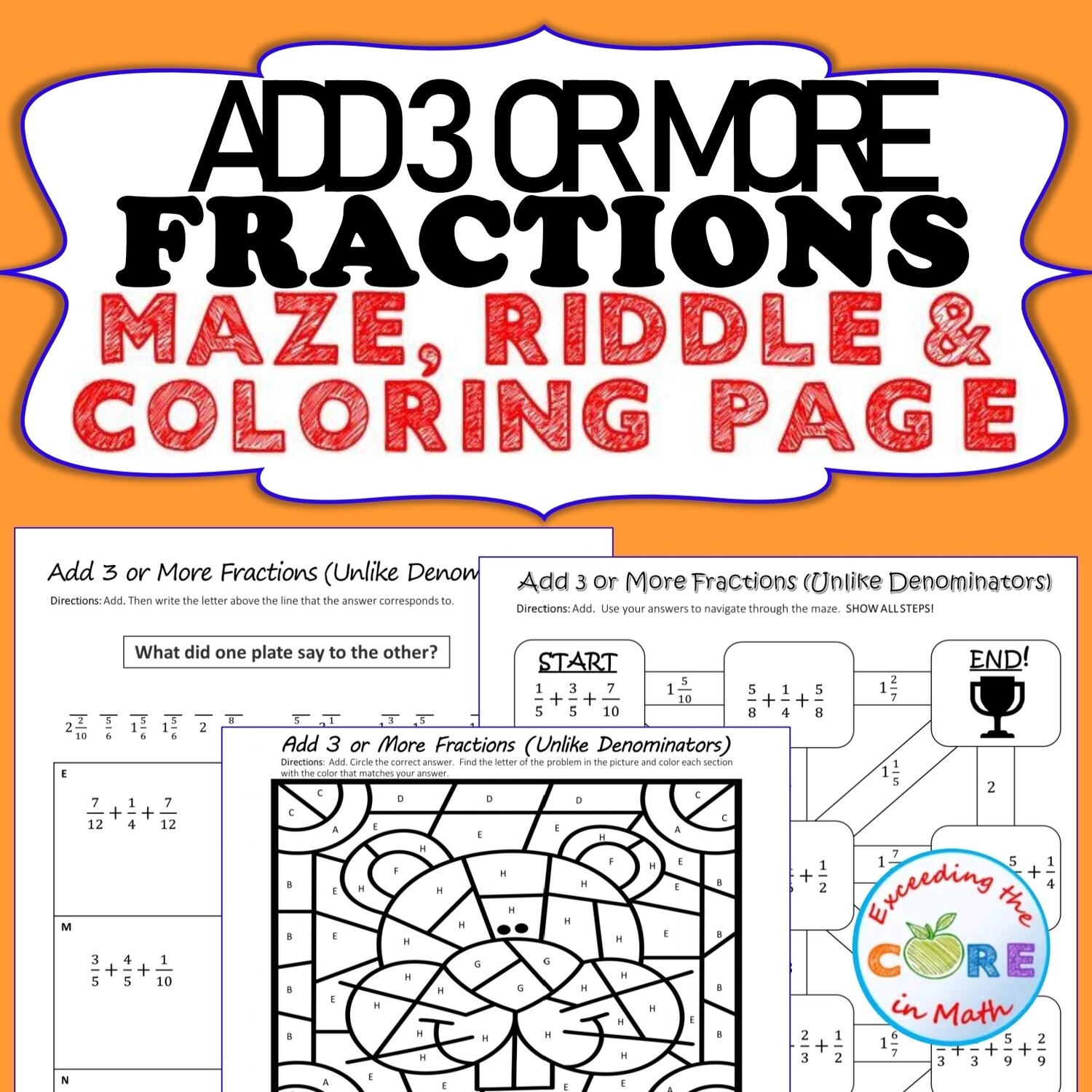 ADD 3 OR MORE FRACTIONS Maze, Riddle, Coloring Page