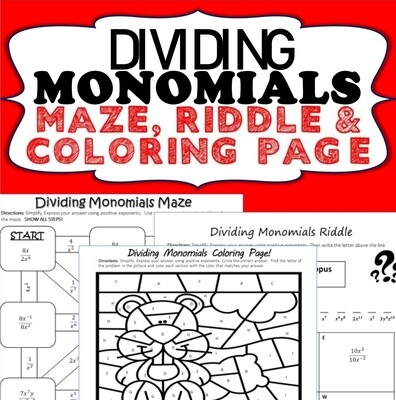 DIVIDING MONOMIALS Maze, Riddle, Coloring Page