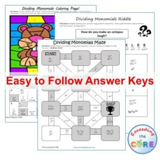 DIVIDING MONOMIALS Maze, Riddle, Coloring Page