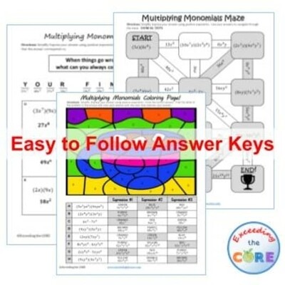 MULTIPLYING MONOMIALS Maze, Riddle, Coloring Page