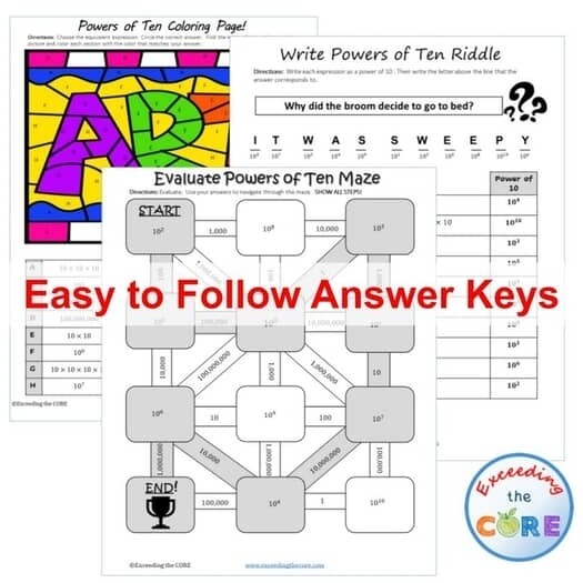 EXPONENTS and POWERS of 10 Maze, Riddle, Coloring Page