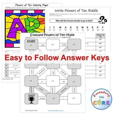 EXPONENTS and POWERS of 10 Maze, Riddle, Coloring Page