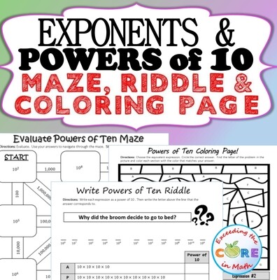 EXPONENTS and POWERS of 10 Maze, Riddle, Coloring Page