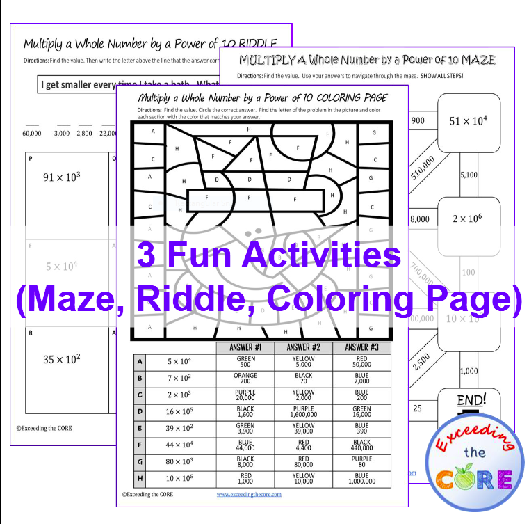 MULTIPLY WHOLE NUMBER BY POWER OF 10 Maze, Riddle, Coloring Page