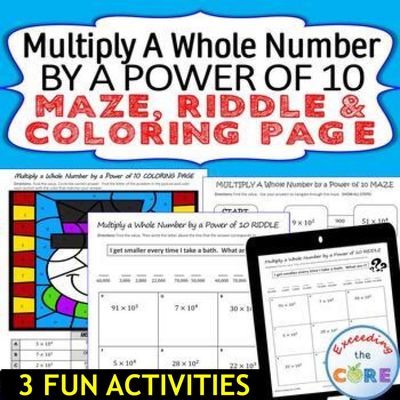 MULTIPLY WHOLE NUMBER BY POWER OF 10 Maze, Riddle, Coloring Page