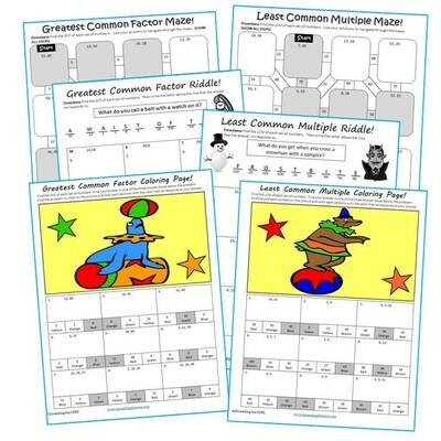 FACTORS &amp; MULTIPLES GCF LCM Mazes, Riddles Coloring Page by Number Math Activity