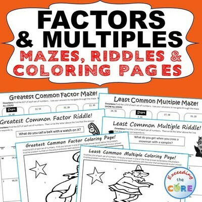 FACTORS &amp; MULTIPLES GCF LCM Mazes, Riddles Coloring Page by Number Math Activity