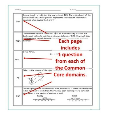 7th Grade Daily / Weekly Spiral Math Review Common Core - Editable