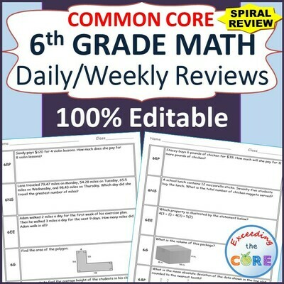 6th Grade Daily or Weekly Spiral Math Review Common Core - Editable