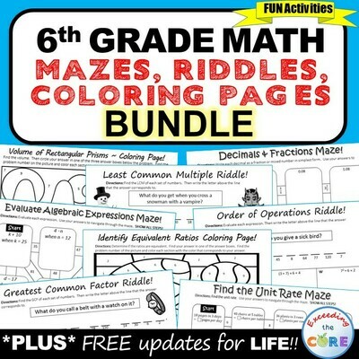 6th Grade Math Mazes, Riddles &amp; Color by Number BUNDLE