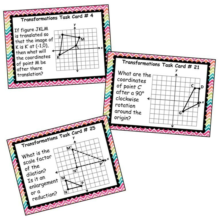 TRANSFORMATIONS Translate, Reflect, Rotate, Dilate - Task Cards {40 Cards}