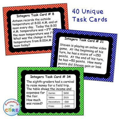 INTEGERS Word Problems - Task Cards {40 Cards}