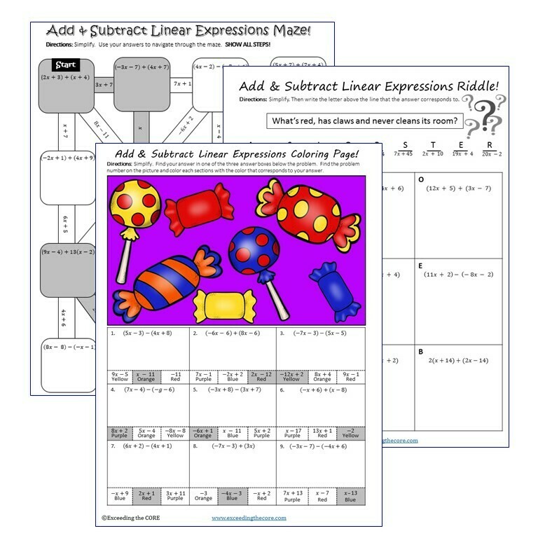 ADD &amp; SUBTRACT LINEAR EXPRESSIONS Maze, Riddle, Coloring (Fun MATH Activities)