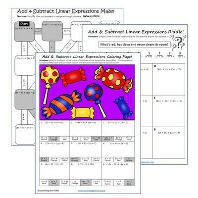 ADD &amp; SUBTRACT LINEAR EXPRESSIONS Maze, Riddle, Coloring (Fun MATH Activities)