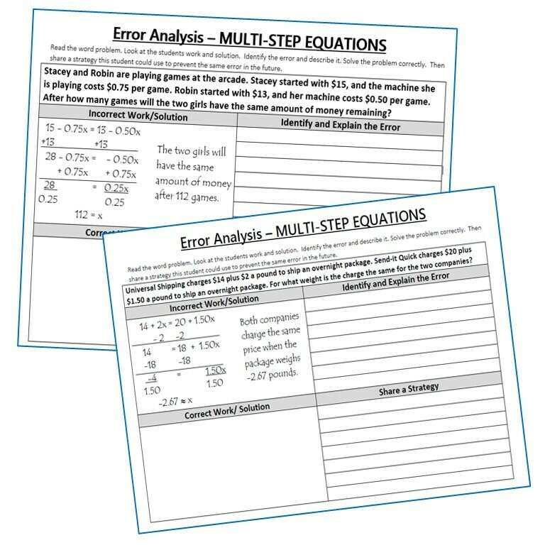 MULTI-STEP EQUATIONS Word Problems - Error Analysis (Find the Error)