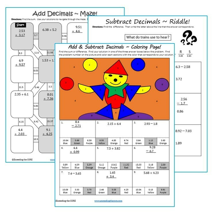 ADD AND SUBTRACT DECIMALS Maze, Riddle, Color by Number (Fun MATH Activities)