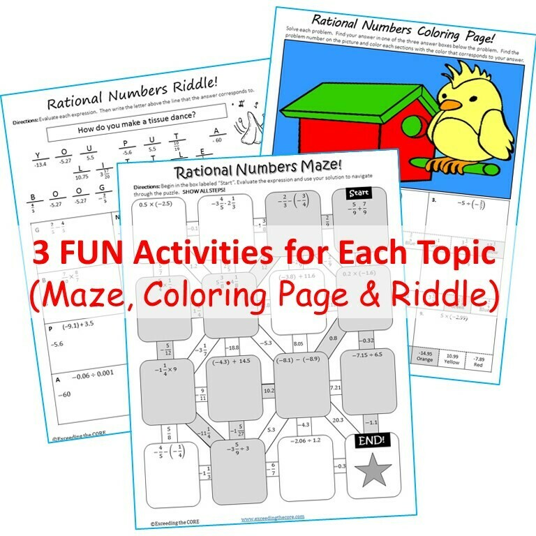 7th Grade Math Mazes, Riddles &amp; Color by Number BUNDLE