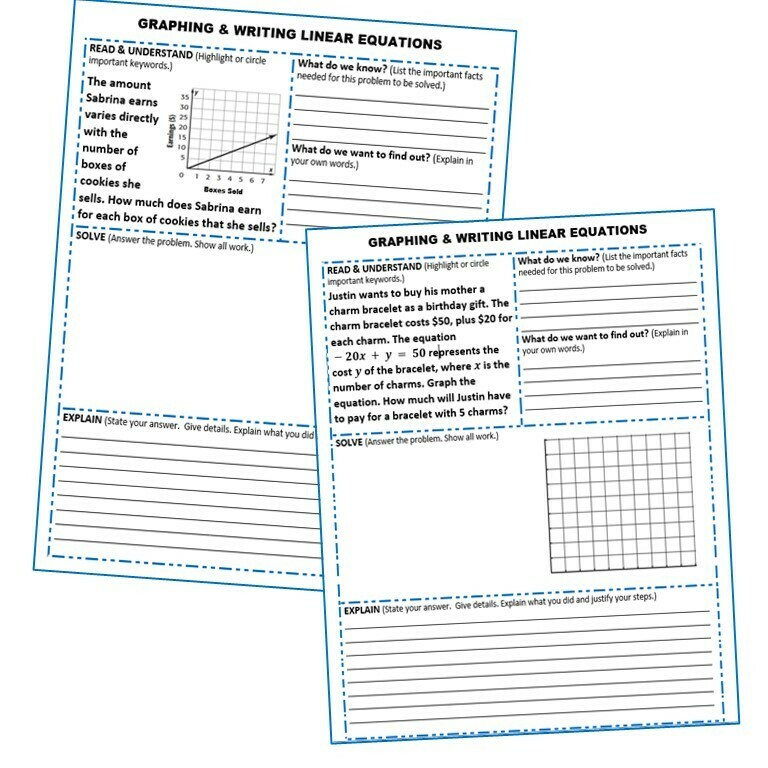 GRAPHING &amp; WRITING LINEAR EQUATIONS Word Problems with Graphic Organizer
