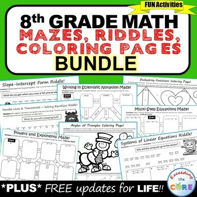 8th Grade Math Mazes, Riddles &amp; Color by Number BUNDLE