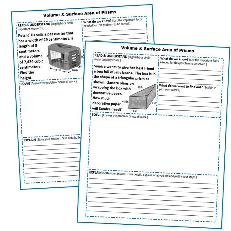 VOLUME and SURFACE AREA of PRISMS Word Problems with Graphic Organizer