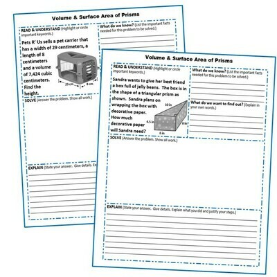 VOLUME and SURFACE AREA of PRISMS Word Problems with Graphic Organizer