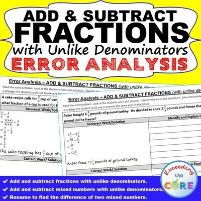 ADD &amp; SUBTRACT FRACTIONS (UNLIKE DENOMINATORS) Error Analysis - Find the Error