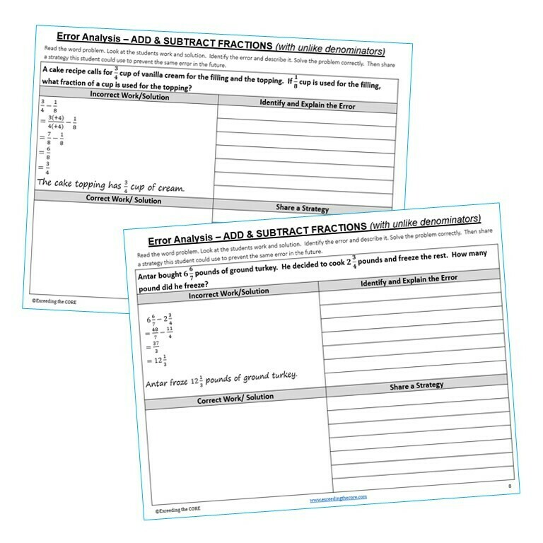 ADD &amp; SUBTRACT FRACTIONS (UNLIKE DENOMINATORS) Error Analysis - Find the Error