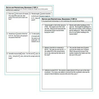 7th Grade RATIOS &amp; PROPORTIONAL RELATIONSHIPS Assessments (7.RP) Common Core