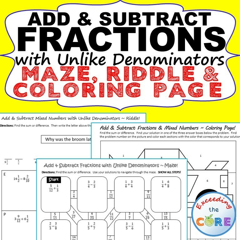 ADD &amp; SUBTRACT FRACTIONS with UNLIKE DENOMINATORS Maze, Riddle, Color by Number