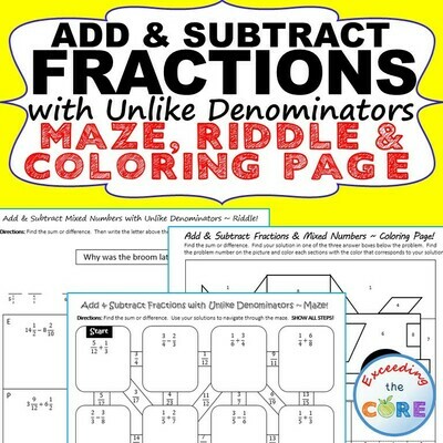 ADD &amp; SUBTRACT FRACTIONS with UNLIKE DENOMINATORS Maze, Riddle, Color by Number