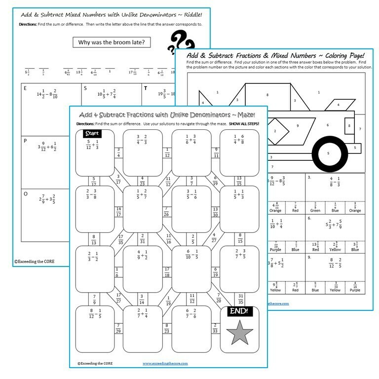ADD &amp; SUBTRACT FRACTIONS with UNLIKE DENOMINATORS Maze, Riddle, Color by Number